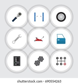 Flat Icon Service Set Of Spanner, Belt, Carrying And Other Vector Objects. Also Includes Pulley, Wrench, Door Elements.