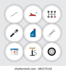 Flat Icon Service Set Of Tire, Wheel Pump, Accumulator And Other Vector Objects. Also Includes Joint, Oil, Car Elements.