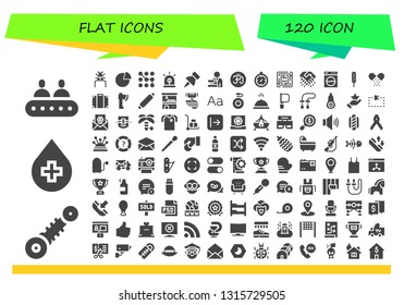 flat icon set. 120 filled flat icons.  Collection Of - Conveyor, Suspension, Blood, Parasite, Graph, Pattern, Siren, Push pin, Cashier, Om, Compass, Labyrinth, Handshake, Washing machine