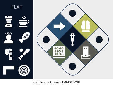  flat icon set. 13 filled flat icons. Simple modern icons about  - Dropper, Ruler, Dartboard, Measuring tape, Baseball, Idea, Fish, Chess, Coffee, Armour, Next, Coding, Charger