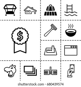 Flat icon. set of 13 filled and outline flat icons such as luggage belt, playpen, soup, burst, hippopotamus, razor, payment, house building, factory, school, dollar award