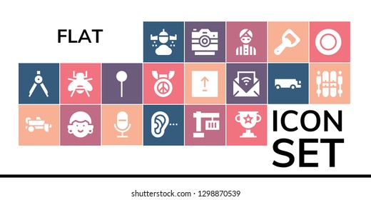 flat icon set. 19 filled flat icons. Simple modern icons about  - Rain, Compass, Trailer, Avatar, Microphone, Listening, Crane, Trophy, Bee, Pin, Medal, Upload, Feed, Cargo truck
