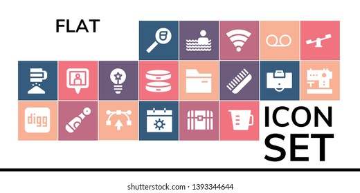 flat icon set. 19 filled flat icons.  Collection Of - Search, Sieve, Digg, Electric, Vector, Calendar, Chest, Measuring cup, Location pin, Idea, Bracelet, Folder, Comb, Area, Sewing machine