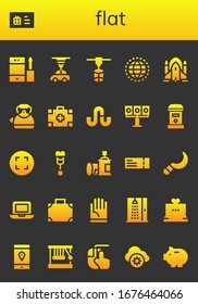 flat icon set. 26 filled flat icons.  Simple modern icons such as: Phone, Gift card, 3d printer, Worldwide, Rocket ship, Kettle, Medical kit, Stumbleupon, Illumination, Mailbox