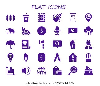  flat icon set. 30 filled flat icons. Simple modern icons about  - Fence, Coffee, Stamp, Feeding bottle, Smoke detector, Placeholder, Wave, Car, Coin, Desk chair, Chat, Balloons