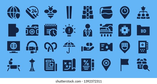 flat icon set. 32 filled flat icons. on blue background style Collection Of - Worldwide, Smartphone, Television, Table, Phone, Photo camera, Headphones, Space needle, Bee, Deadline