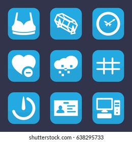 Flat icon. set of 9 filled flat icons such as lottery, sport bra, badge, minus favorite, pc, stopwatch camera, grid, defragmentation