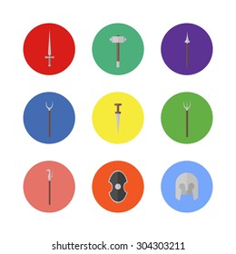 flat icon set 9 - medieval weapon and armor: stiletto, hammer, partisan, pike, dagger, trident, bill, shield, helmet