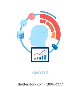 Flat Icon Set For Analytic, Database, Search And Big Data Vector Illustration Concept.