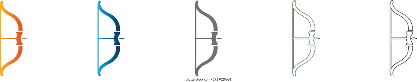 Conjunto de iconos planos de un arco de tiro con flecha listo para disparar. Gráfico de Vector negro sólido, aislado sobre fondo blanco. Símbolo de deporte y precisión.