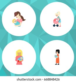 Flat Icon  Set Of Baby, Kid, Mother And Other Vector Objects. Also Includes Perambulator, Kid, Nanny Elements.