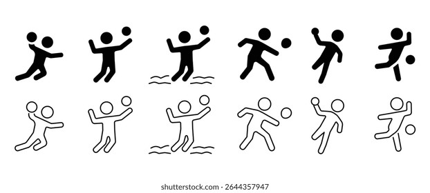 Flat icon set of ball Sports, Sports people icons with ball, basketball, volleyball, beach volleyball, squash, handball and bowling vector illustration in transparent background. Sport icon set.