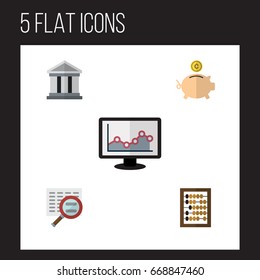 Flat Icon Set Of Bank, Chart, Scan And Other Vector Objects. Also Includes Money, Chart, Graph Elements.