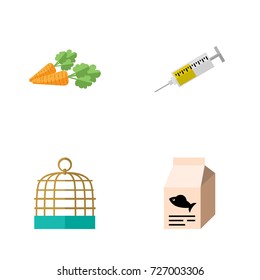 Flat Icon Set Of Bird Cage, Vaccine, Carrot, Pet Food