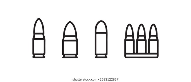 Flaches Symbol mit Geschossdesigns und Munitionsclip auf weißem Hintergrund.