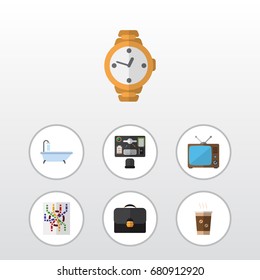 Flat Icon Set Of Bureau, Cappuccino, Router And Other Vector Objects. Also Includes Router, Tub, Broadcast Elements.
