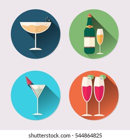 Flat icon set of champagne glasses. Long shadow. Valentine's Day pack.