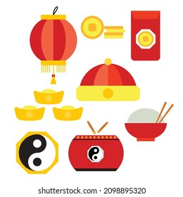 flat icon set of chinese new year lantern coin gold chinese cap yin yang 