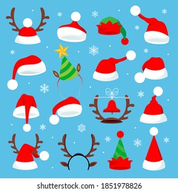 Flat icon set Christmas carnivals caps. Santa Claus hat set isolated