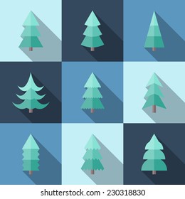 Flat icon set of Christmas trees. Winter trees in flat style with long shadows. Illustration of Christmas trees. 9 different Christmas trees in flat style.