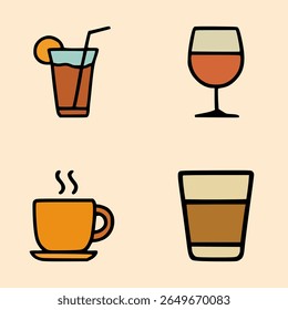 Flat Icon Set of Cold Drink with Orange Slice, Wine Glass, Hot Coffee Cup, and Layered Latte Glass