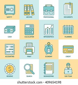 Flat icon set with colored accauntant accessories and elements for bookkeeping vector illustration