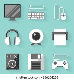 Flat icon set. Computer. White style