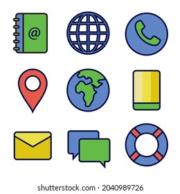 Flat icon set of contact in primary color. Perfect for design element of business card and personal information icon.