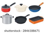 Flat icon set of cookware including cooking pot, dutch oven, frying pan, and roasting pan