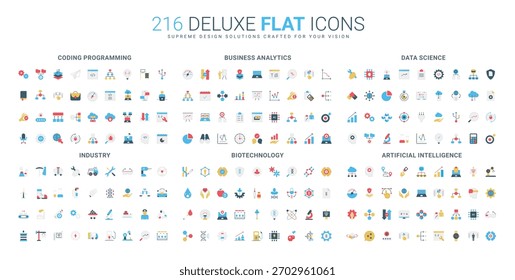 Flat icon set covering coding, analytics, data science, industry, biotechnology, artificial intelligence concepts, modern symbols for digital and scientific themes isolated vector illustration