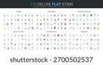 Flat icon set covering stress, antistress, work-life balance, healthy habits, biotechnology, and medicine topics for wellness, science, and healthcare concepts isolated vector illustration