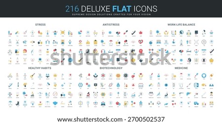 Flat icon set covering stress, antistress, work-life balance, healthy habits, biotechnology, and medicine topics for wellness, science, and healthcare concepts isolated vector illustration