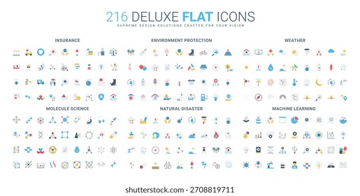 El conjunto de iconos planos cubre seguros, protección del medio ambiente, Clima, ciencia de moléculas, desastres naturales, temas de aprendizaje automático, diseño moderno, conceptos diversos, Ilustración vectorial aislada