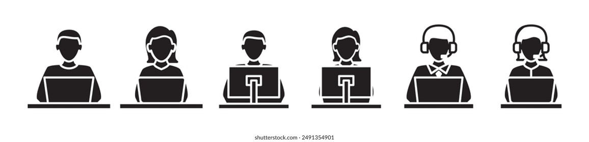 Conjunto de iconos planos de Servicio al cliente, Asistencia de usuario, Hembra CS con portátil y auriculares, icono de administración de Asistencia, servicio de Asistencia y telemarketing, Ilustración vectorial de iconos de trabajo en fondo transparente.