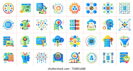 Flat icon set of Data science technology and machine learning process. Material design icon suitable for print, website and presentation