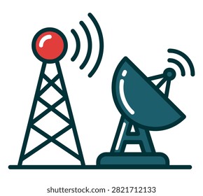 A flat icon set depicting communication towers and a satellite dish transmitting signal waves, representing wireless technology and global connectivity.