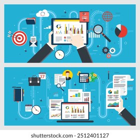 Flat icon set design in internet banner template with concept of planning business strategy, report analysis, graphs, charts and business data. Financial data of investments and earnings. 