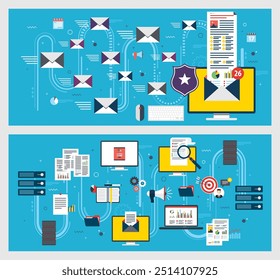 Flat icon set design in internet banner template with concept of computer network, business strategy, communication and marketing, data analysis, reports and performance measurement.
