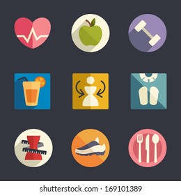 Flat icon set. Diet and fitness theme 