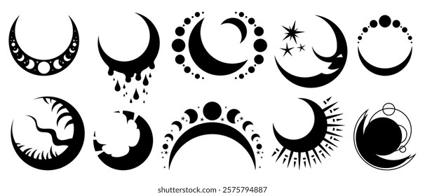 Flat icon set of different moon illustrations. Symbols of astrology, alchemy, boho, and magic. Prints for T-shirts, decoration, and design. Vector illustration isolated on white background