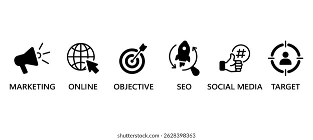 Flat icon set of Digital marketing. Containing marketing, online advertising, objective, seo, social media and target icons. Vector illustration in transparent background. Business icon set. - Powered by Shutterstock - Get 15% off with code: PIKWIZARD15