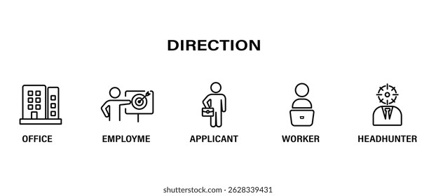 Flat icon set of Direction. Containing Office, employement, Applicant, worker and headhunter. UI thin vector icon set in transparent background. Bussiness icon set
