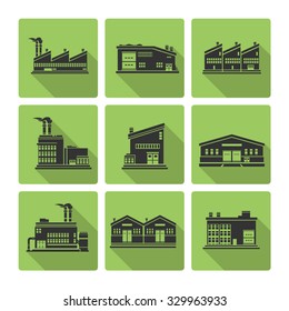 Flat Icon Set Of Distribution Warehouse And Factories. 
Silhouette Factory Distribution Warehouse Icon Illustrations. 
Manufacturer Production Facility Distributing Goods.