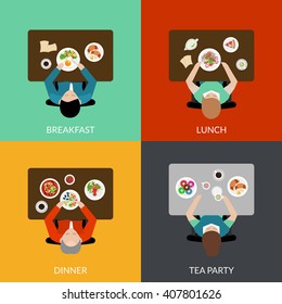 Flat icon set with eating people with different variants of meal top view vector illustration