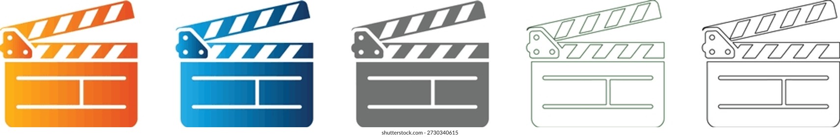 Un conjunto de iconos planos con un tablero de claquetas en un estilo de Vector negro sólido, aislado sobre un fondo blanco, que representa la producción de películas.