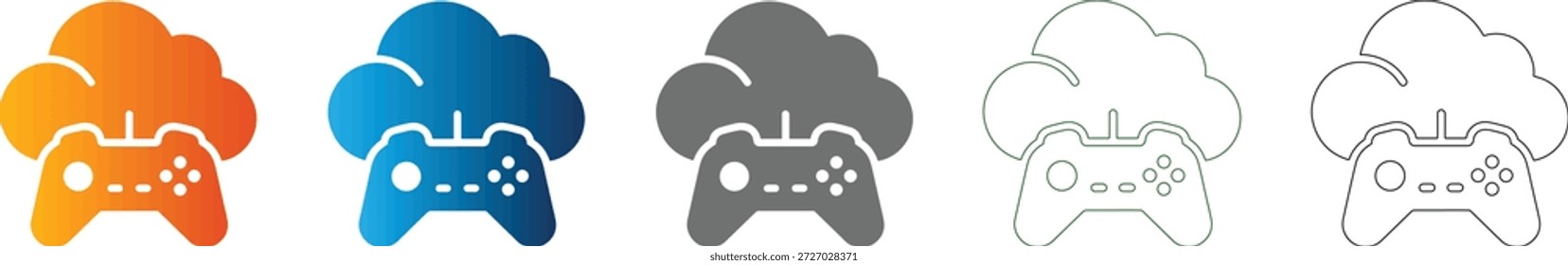 Un conjunto de iconos planos con un símbolo de controlador de juego superpuesto en una nube. Gráfico de Vector negro sólido, aislado sobre fondo blanco, que representa juegos en la nube.