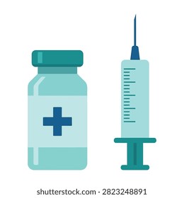 A flat icon set featuring a medical vaccine glass vial and a hypodermic syringe. Ideal for healthcare, immunization campaigns, medical supplies, and pharmacy.