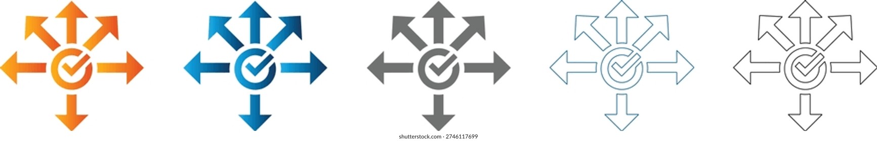 Flat icon set featuring multidirectional arrows with check mark in solid black, vector, isolated on white background.
