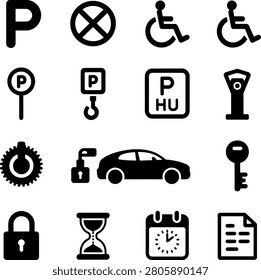 Flat icon set featuring parking signs accessibility symbols and vehiclerelated graphics perfect for apps and websites