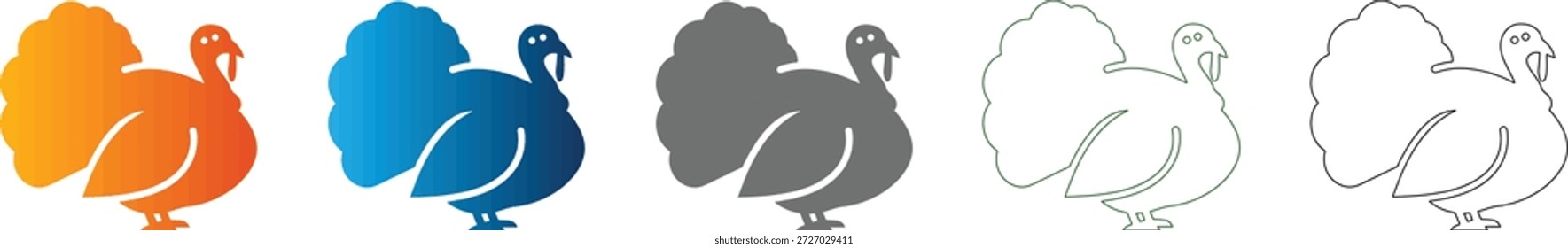 A flat icon set featuring a turkey bird, presented in a solid black vector graphic, isolated on a white background for versatile design use.